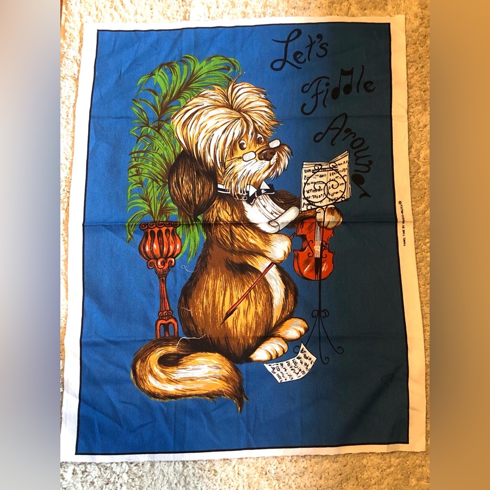 9686 Fabric Panel Vtg 1970’s Dog with Fiddle “Let’s Fiddle Around 22.5” x 29”.